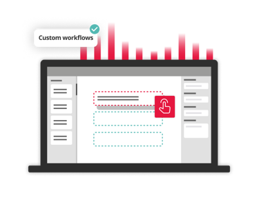 Laptop screen displaying custom workflow creation interface with interactive elements, representing tailored business processes.