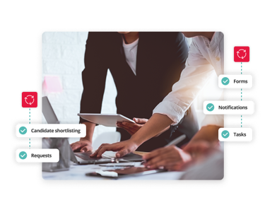 Team collaborating with HR workflow automation features like candidate shortlisting, requests, forms, notifications, and tasks.