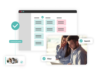 Workflow management dashboard with task cards, communication tools, and filter and search options for streamlined processes.